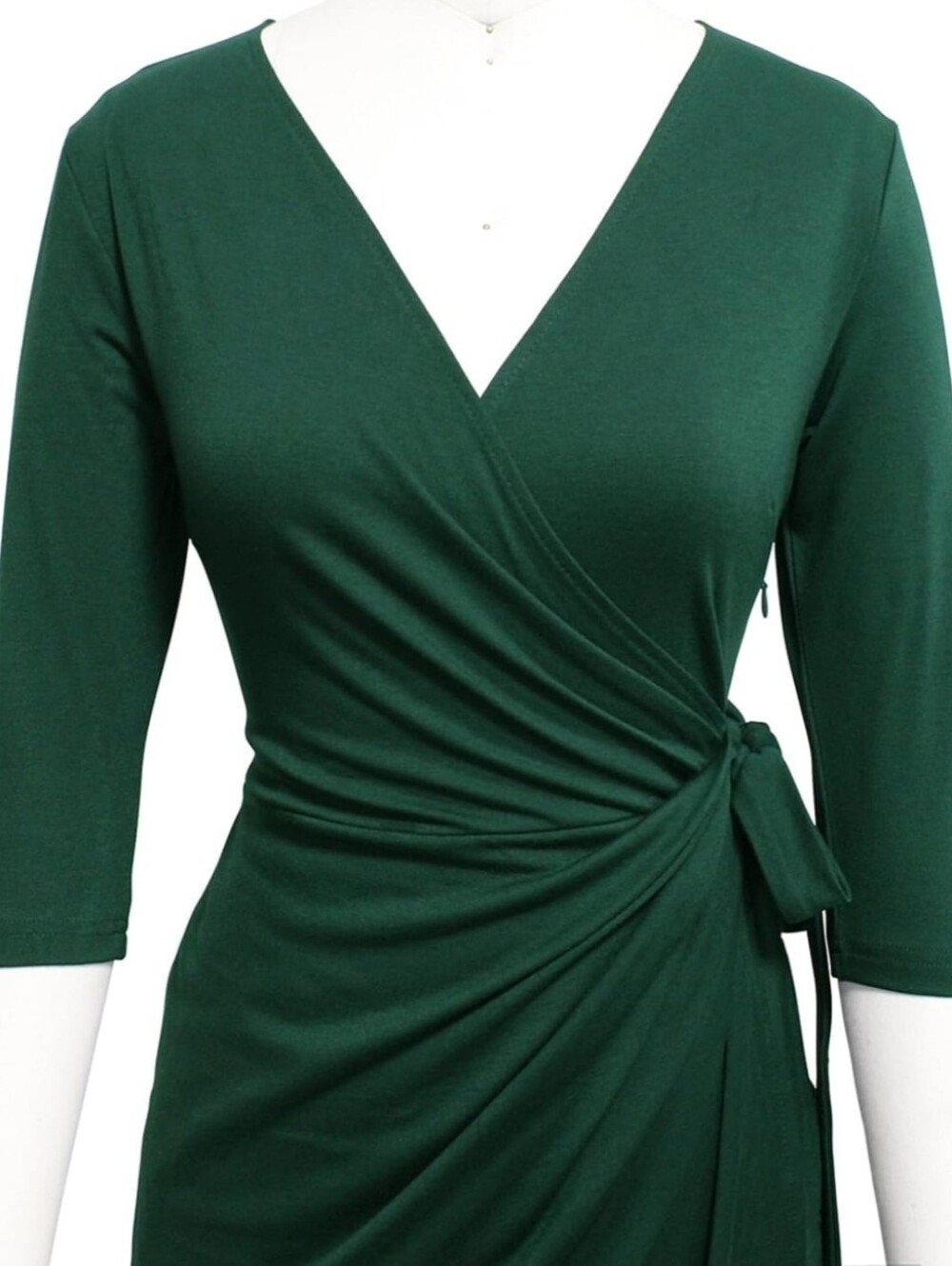 Dark green wrap dress. Side tie. Side zip. 3/4 sleeve.
